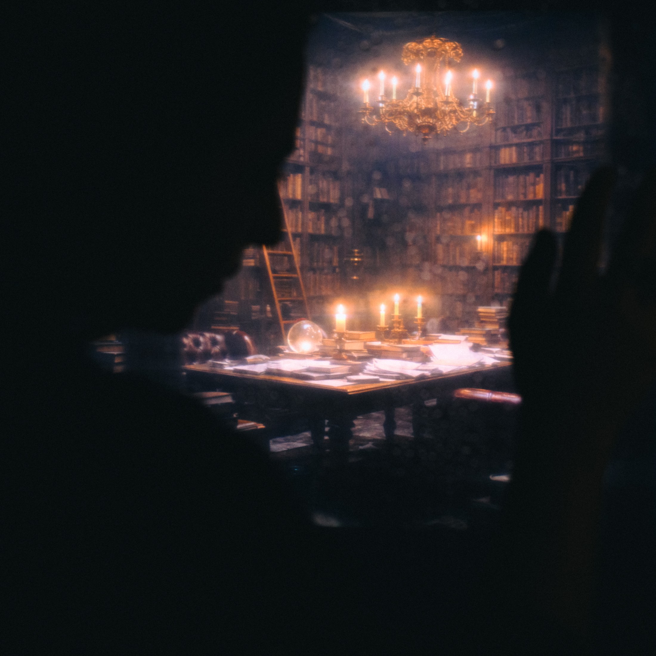 A shadowed profile beside rain-streaked glass, warm light and books beyond
